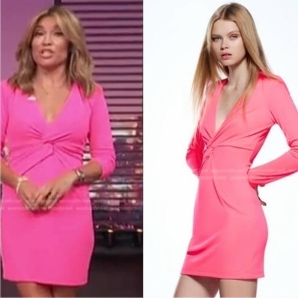 NWT ZARA Stretchy knotted Dress NEOn pink Long sleeves shoulder pads Zipper - Picture 3 of 16